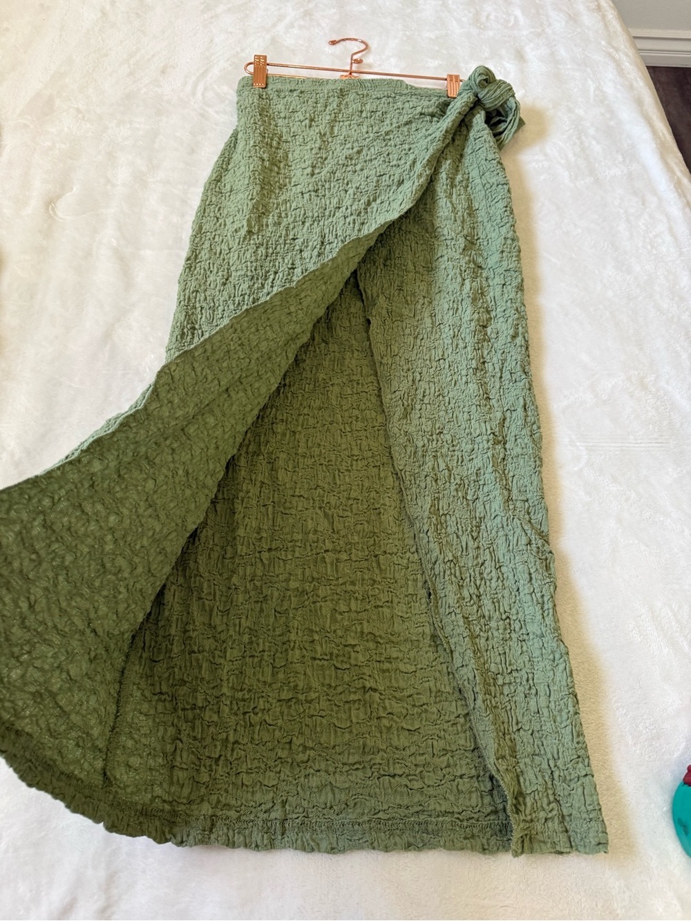 Sage Green Textured Two Piece Beach Set Wrap Skirt Puff Sleeve Top - Picture 11 of 11